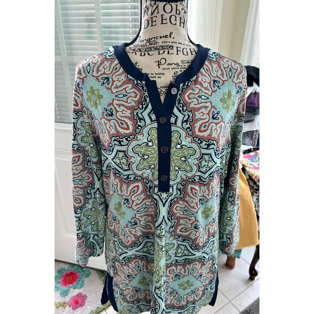 J. McLaughlin Tunic Top Biscayne Banded Collar Medallion Print